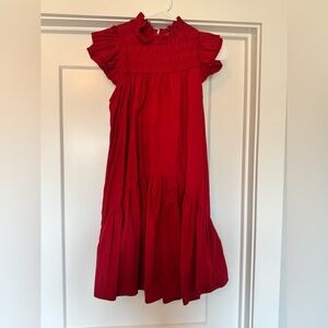 Red Smocked Flutter Sleeve Dress